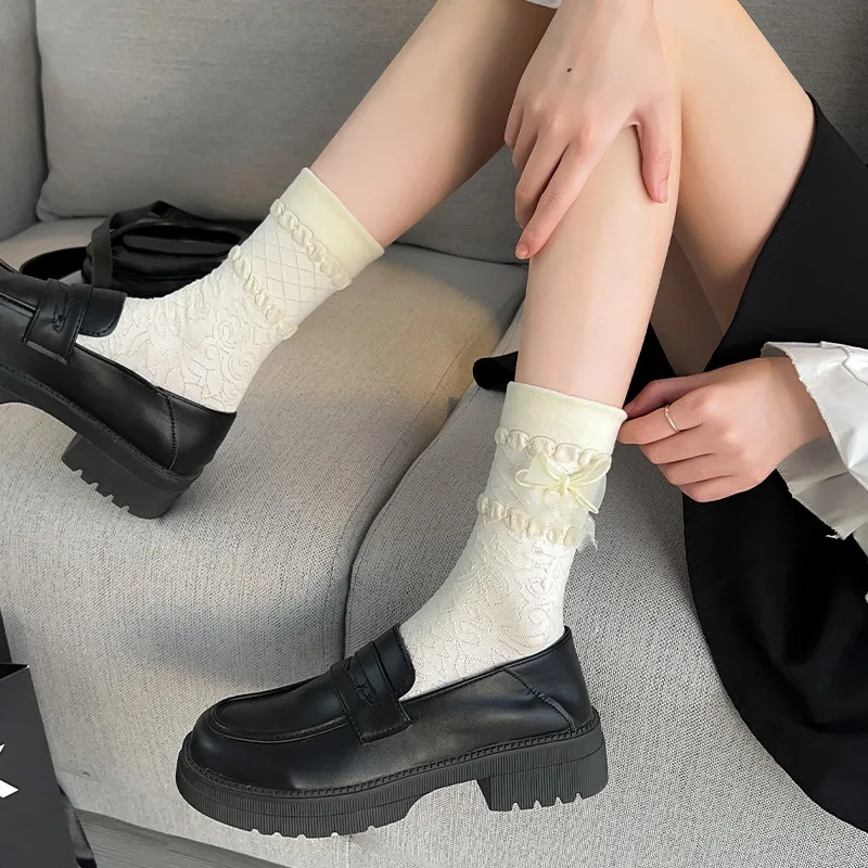 

Sweet Gentle Lolita Lace Bow Middle Tube Socks Girls Black White JK Korean JK Soft Cotton Breathable Sock Casual Kawaii Female