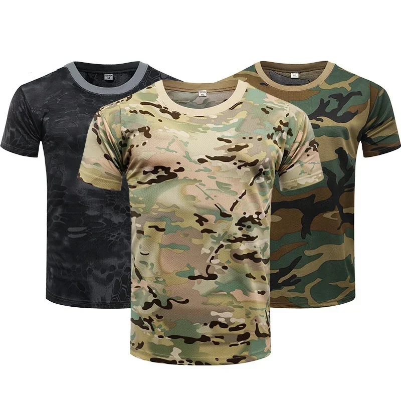 Camouflage Tactical Shirt Short Sleeve Men's Quick Dry Combat T-Shirt Training T Shirt Camo Outdoor Sports Hiking Hunting Shirts