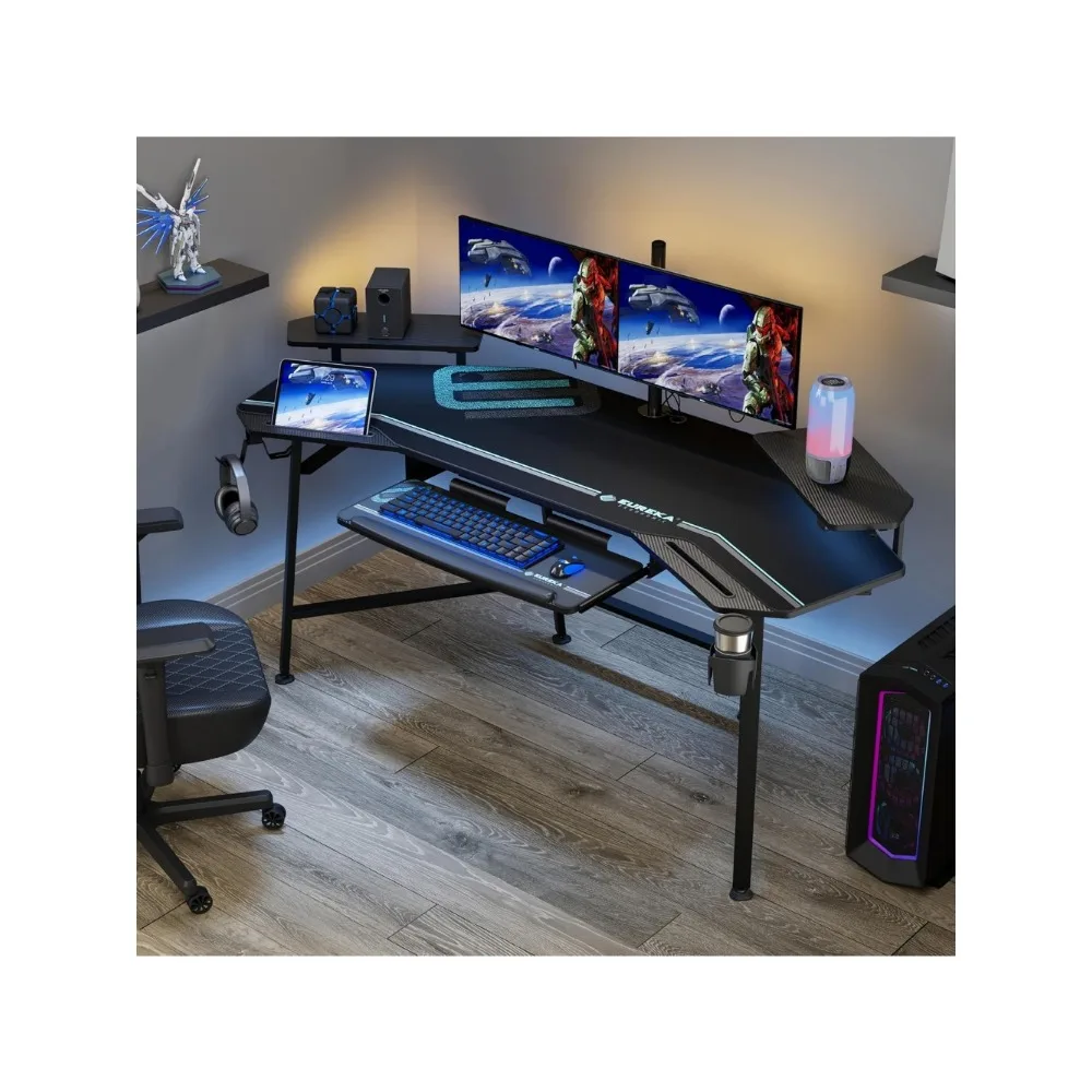 Gaming Desk with Led Lights,72" Large Wing-Shaped Studio Desk W Keyboard Tray, Computer Desk Table W Monitor Stand 2