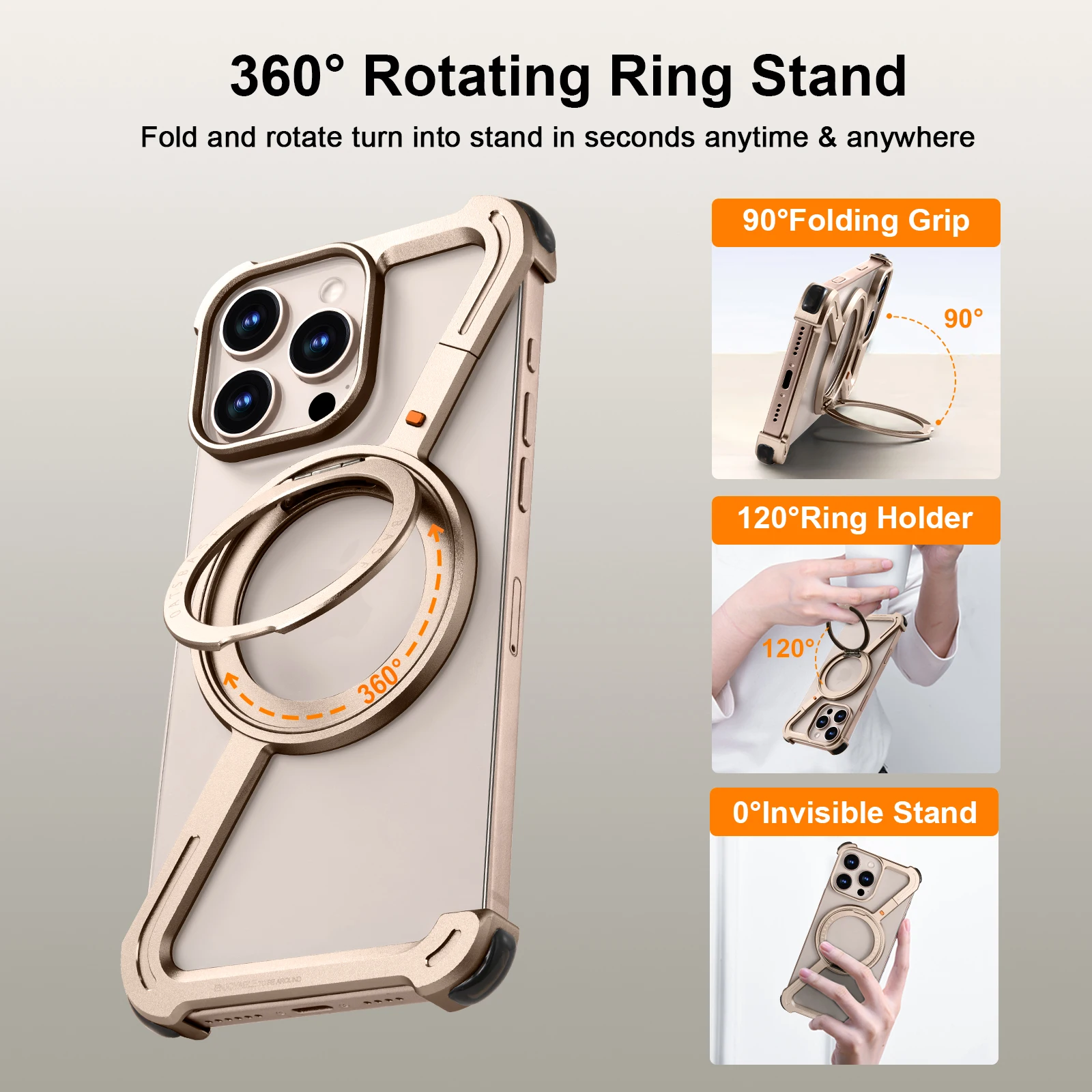 Eary Z Case for iPhone 16 15 14 13 Pro Max Phone Case with Magsafe 360°Rotatable Magnetic Kickstand Metal Desert Titanium Cover