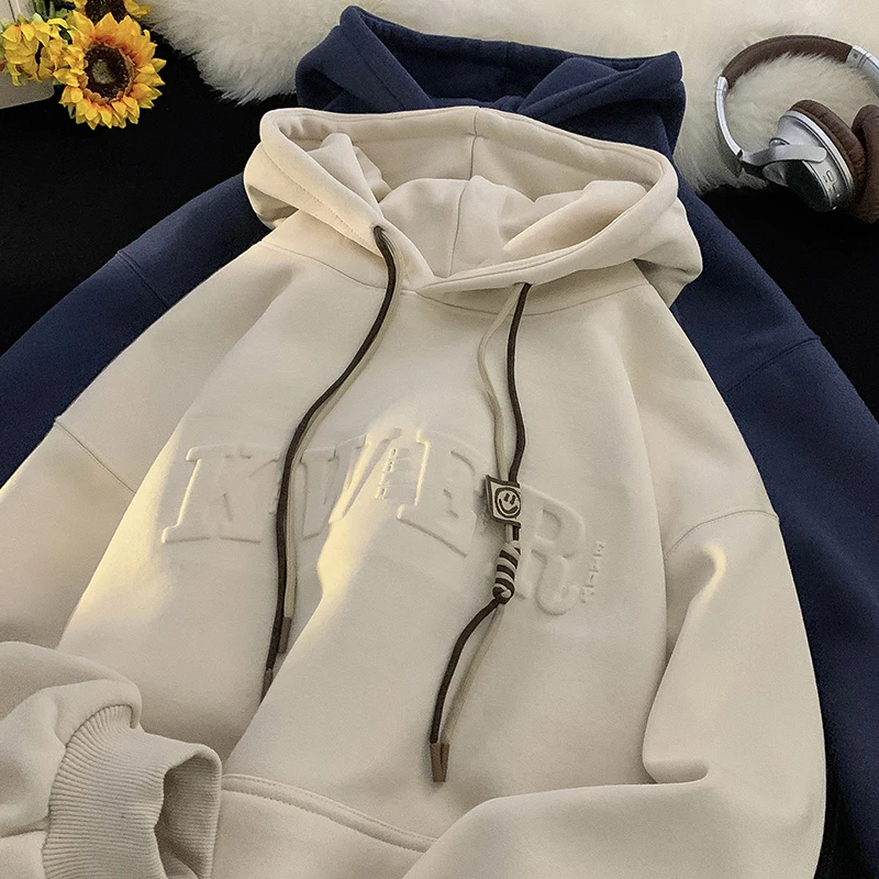 

Winter Fleece Hoodies Men's Hooded Sweatshirts Letters Stereo Steel Stamp Outdoor Keep Warm Pullover Hoodie Male Casual Clothing