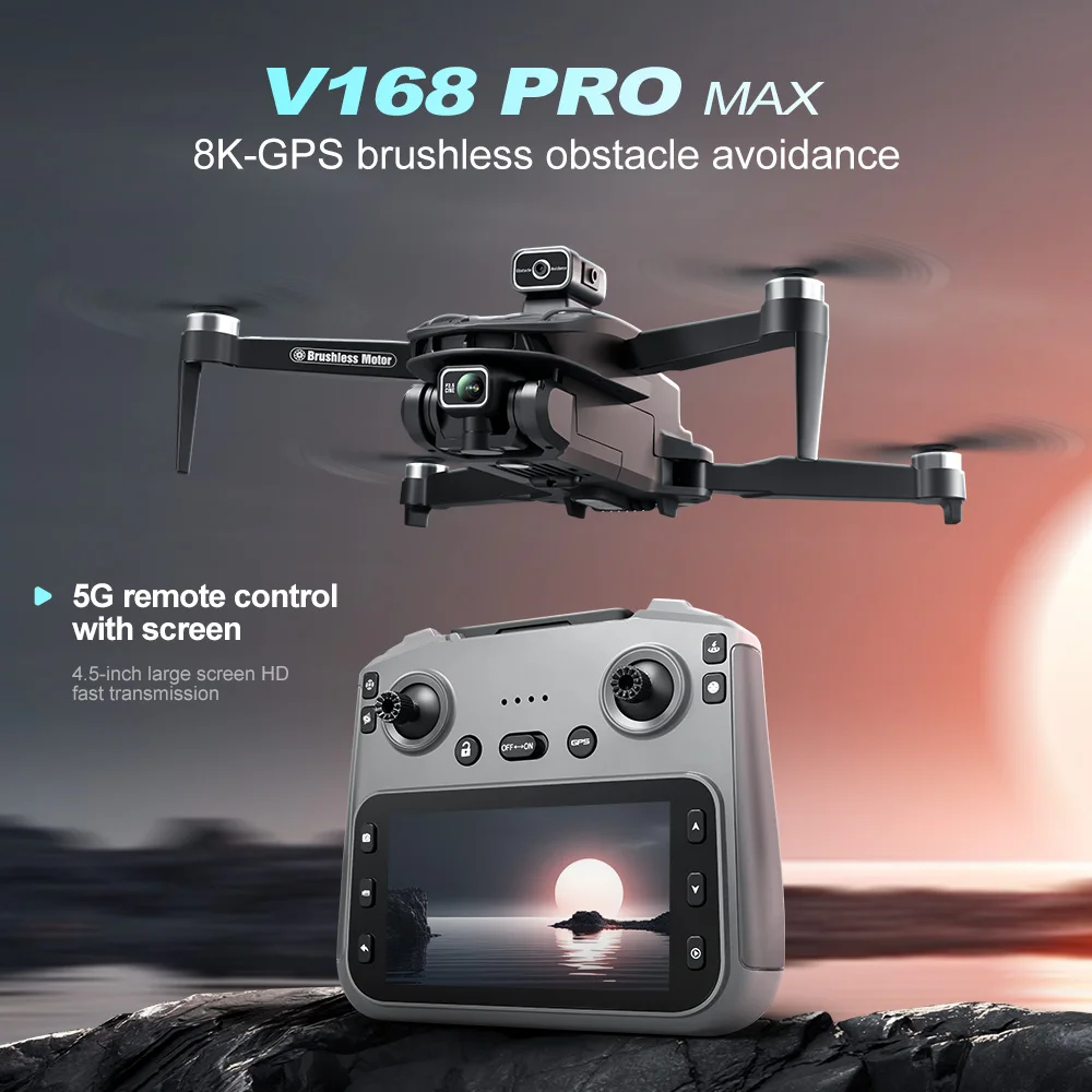 V168 Max 스크린 LCD RC 드론 8K HD 카메라 브러시리스 GPS 모터 메모리 카드 전송 장애물 회피 접이식 쿼드콥터 드론 장난감