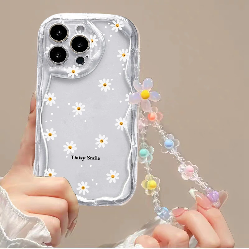 Clear Floral Leaf Chain Strap 3D Wave Silicone Case - Soft Cover