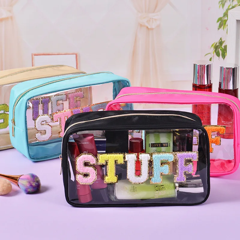 

Waterproof Transparent PVC Makeup Bags Letter Embroidery Large Capacity Travel Toiletry Bag Convenient Cosmetics Bag