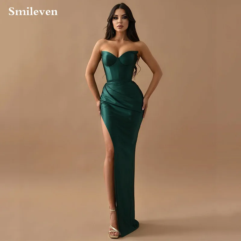 

Smileven V Neck Hunter Green Evening Gown Sleeveless Formal Occasion Dresses Side Split Women Party Dress robes de soiré 2023