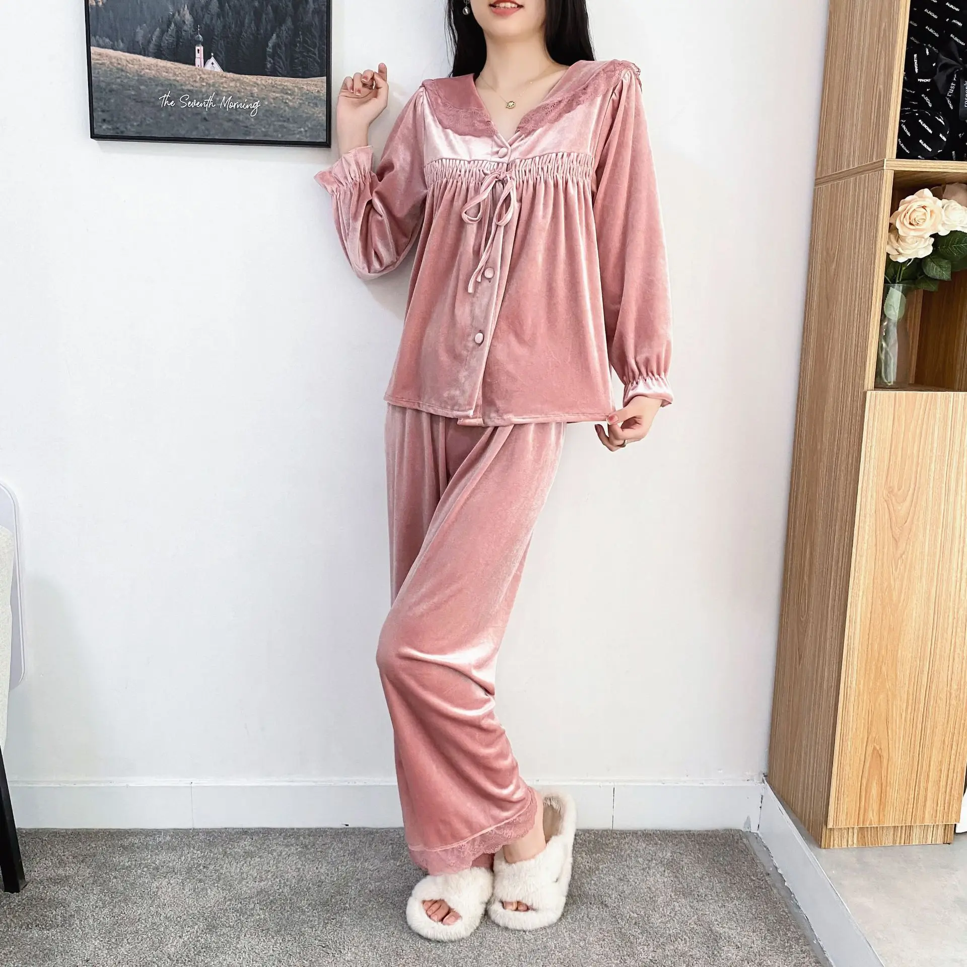 

Autumn Winter Women Pajamas Set Sleepwear Sweet Cute Lace Trim Pyjama Pour Femme Lounge Wear Loose Velour Home Clothes Nightwear