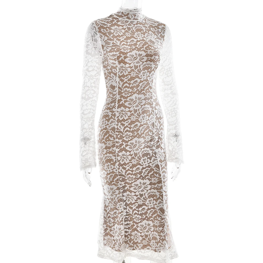 Fantoye Rundhals-Meerjungfrauenkleid mit Blumenspitze und Reißverschluss für Damen, langärmelig, doppellagig, Midikleid, Winter, schmal geschnitten, elegantes Party-Outfit – Detail 5