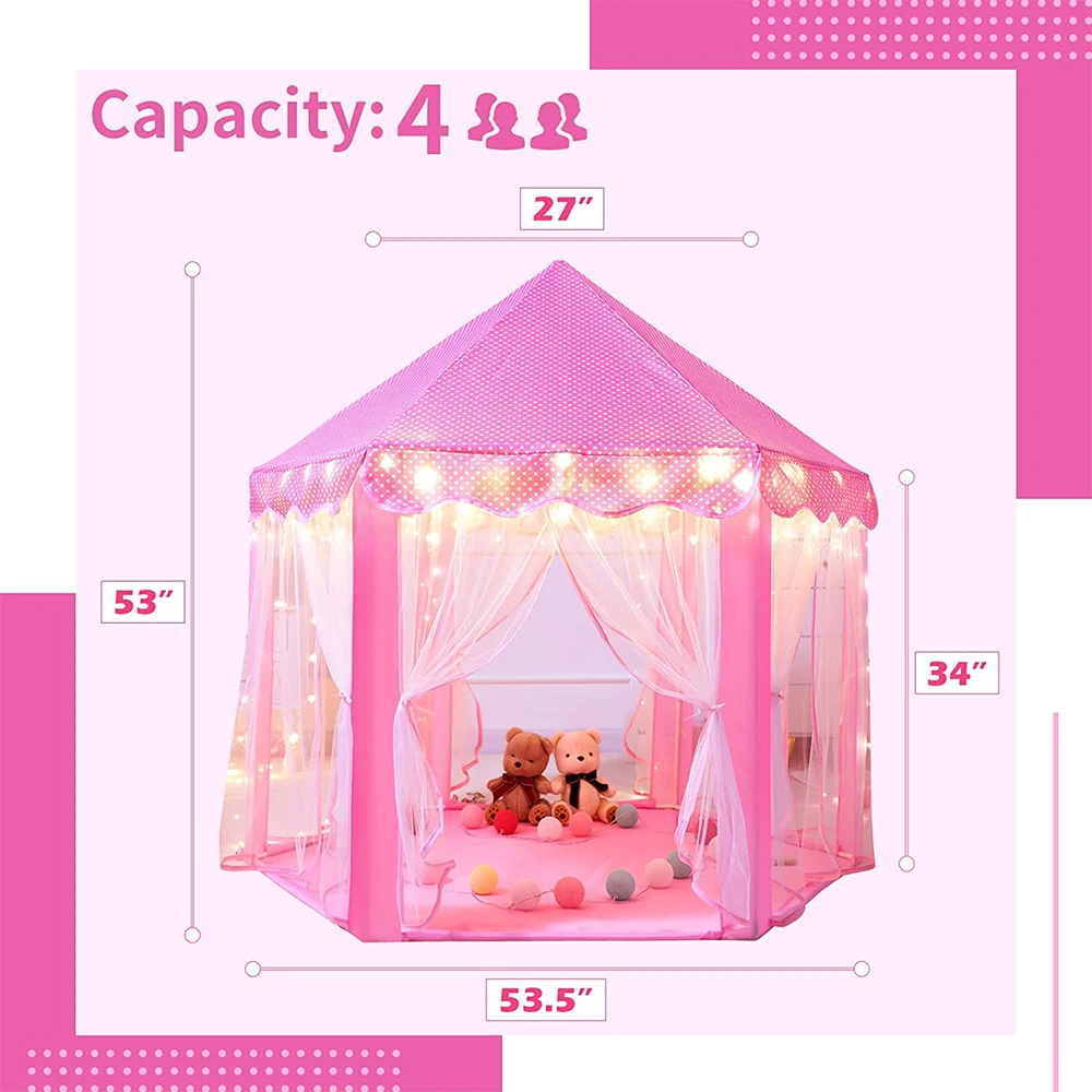Princess Tent Girls Large Playhouse Kids Castle Play Tent Toy for Children Indoor and Outdoor Games 55'' x 53'' DxH 3