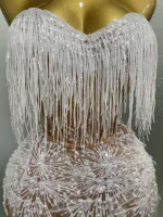 2025 Sexy Pearl Sequins Tassel Sleeveless Glitter Mini Dress Women Singer Bar Nightclub Stage Performance Clothing Show Outfit - Image 6