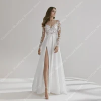 Pure White V-Neck Women Wedding Dresses A-Line Bridal Gowns Modern Bright Lace Print Mopping Length Vestidos De Novia Customized 1