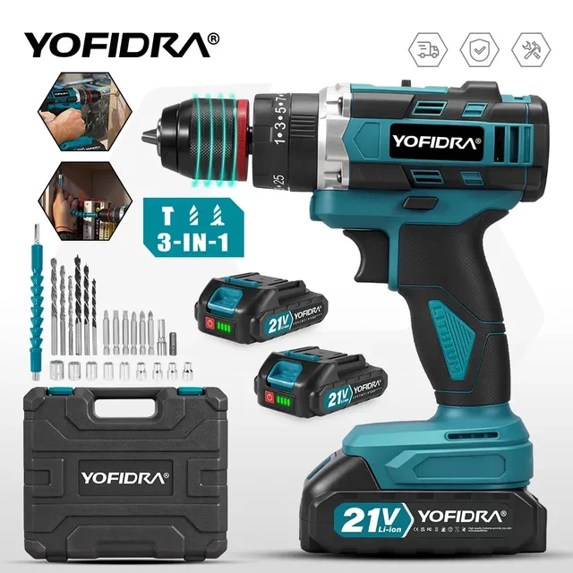 YOFIDRA 3IN1 perceuse à percussion électrique 25 + 3 couple perceuse à percussion sans fil portable outil électrique pour le travail du bois pour Makita 21V broche de batterie 1