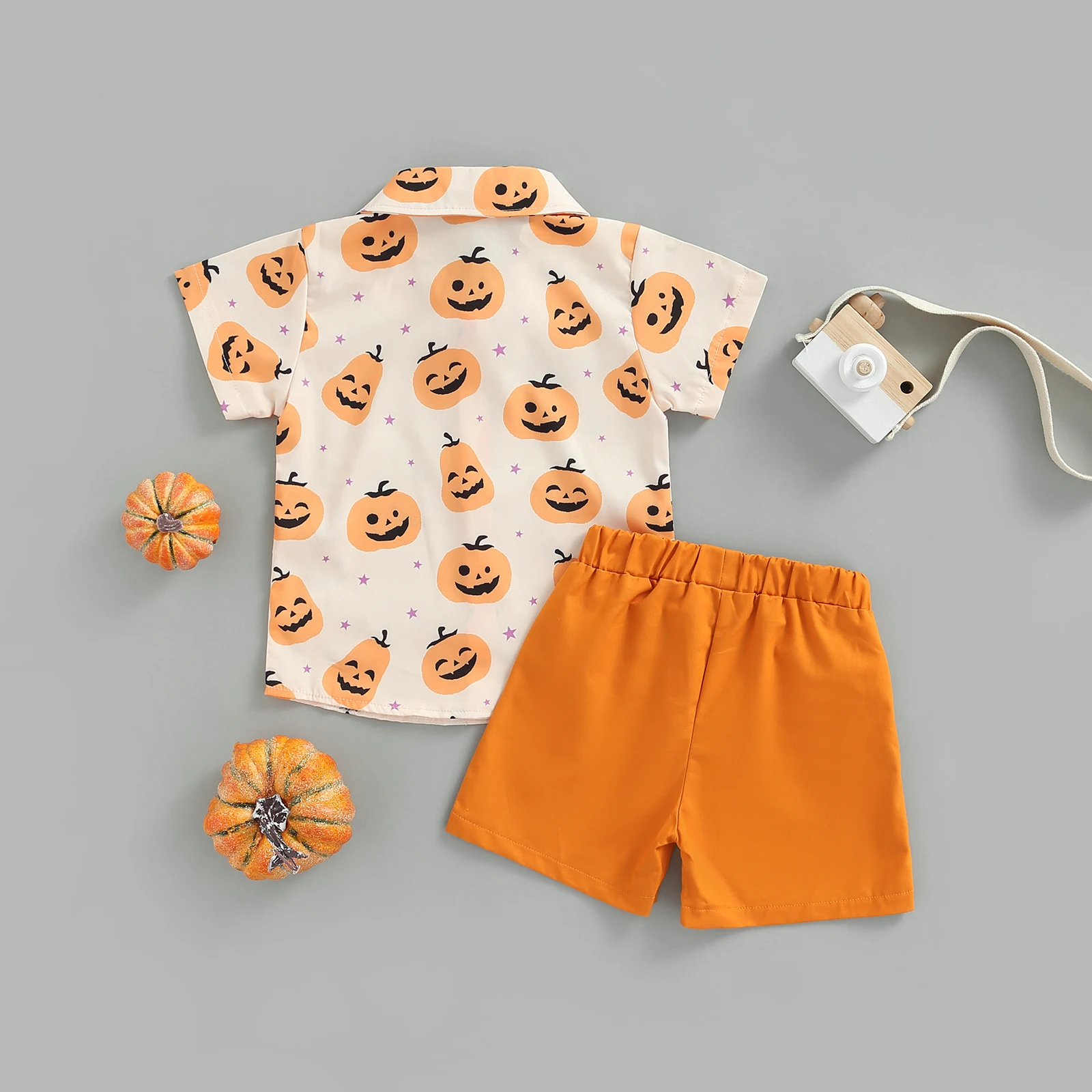 Citgeett Summer Halloween Kids Boys Shorts Set Short Sleeve Pumpkin Print Shirt + Elastic Waist Shorts + Bowtie Clothes
