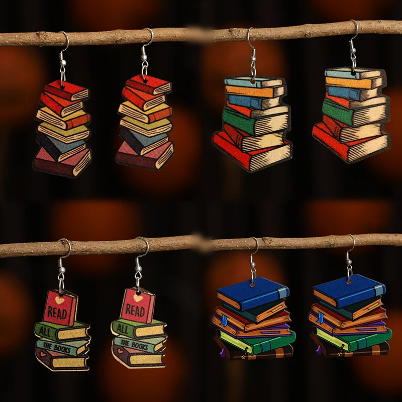 Stud Earrings Dangle Earrings Love Textbook Double Sided Wooden Ear Ring Teacher Student Graduation Gift Book Color Digital Learning Tool