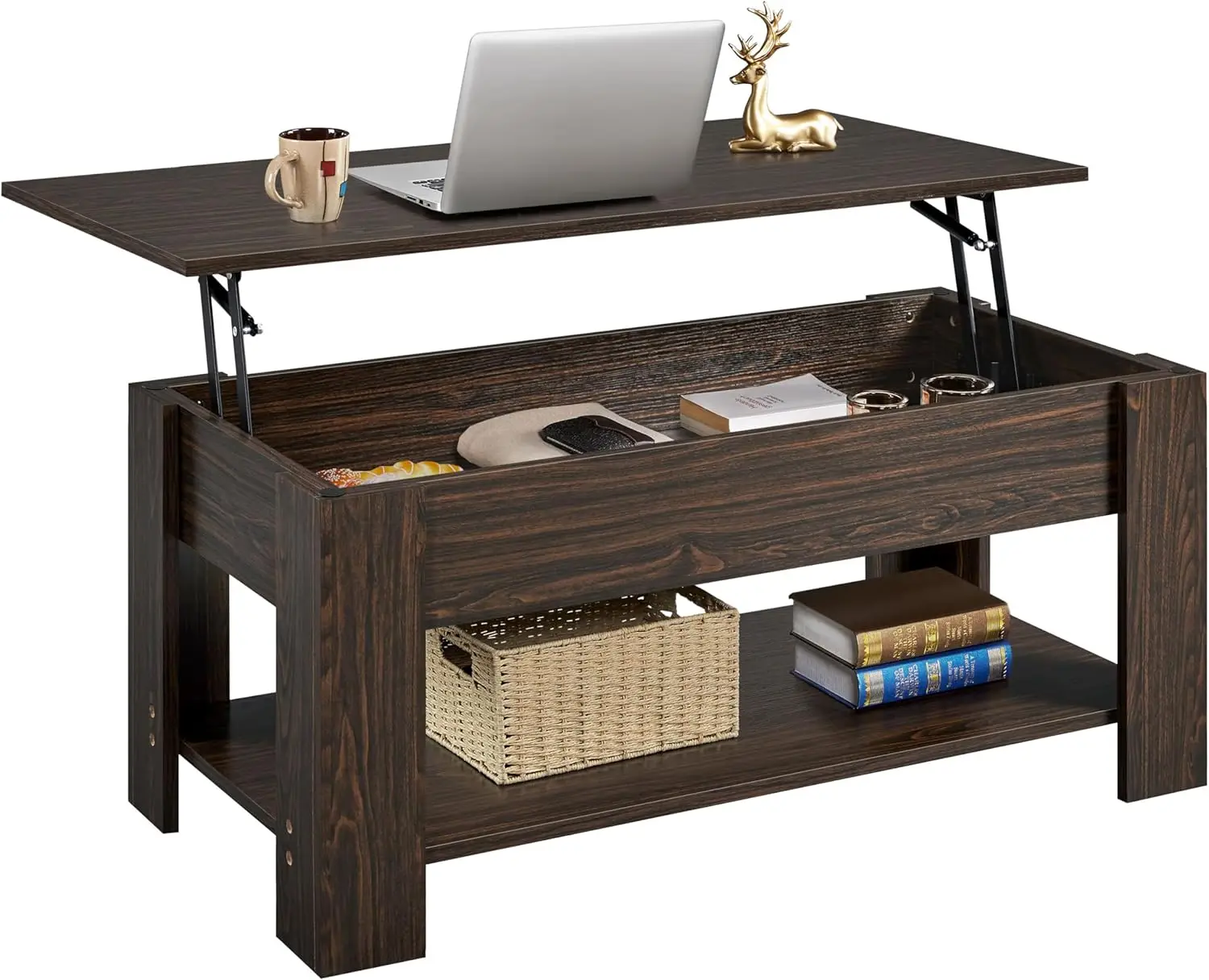 Lift Top Coffee Table with Hidden Compartment and Storage Shelf, Rising Tabletop Dining Table for Living Room Reception Room 2