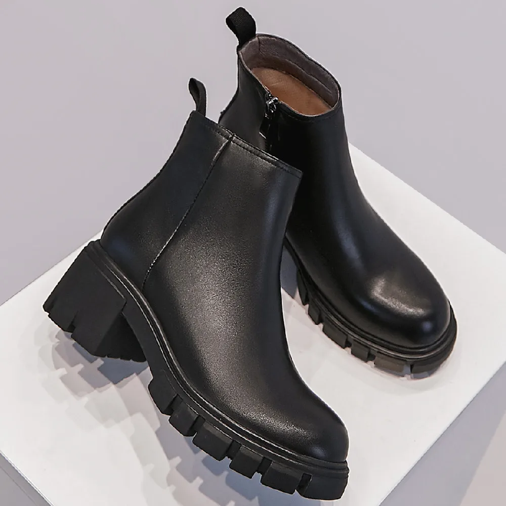 

Women's genuine cow leather side zip chunky heel round toe autumn ankle boots female soft comfrotable short bootis shoes women