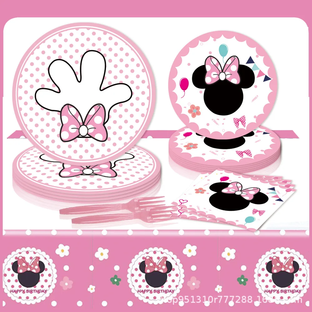 

New Disney Minnie Mouse Pink Themed Birthday Party Decoration Supplies Disposable Cutlery Balloon Background Baby Shower Gift