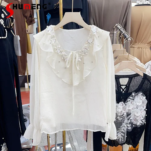 

Korean Style Early Autumn Beads Rhinestones Ruffled V Neck Chiffon Shirt Women All-Matching Long Flared Sleeve White Blouses Top