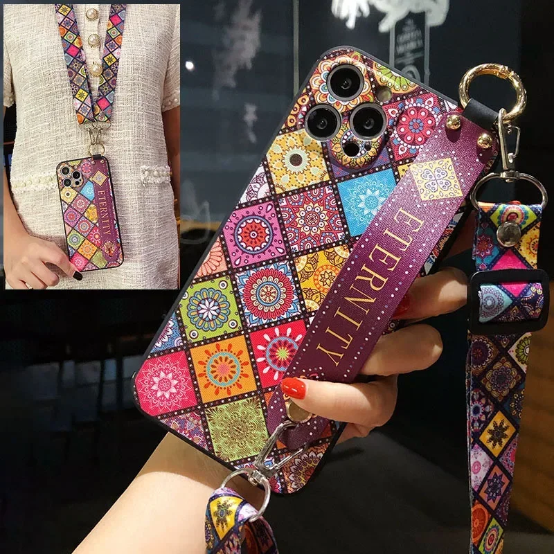 Retro Colorful Flower Soft TPU Phone Holder Lanyard Case with Neck Wrist Strap