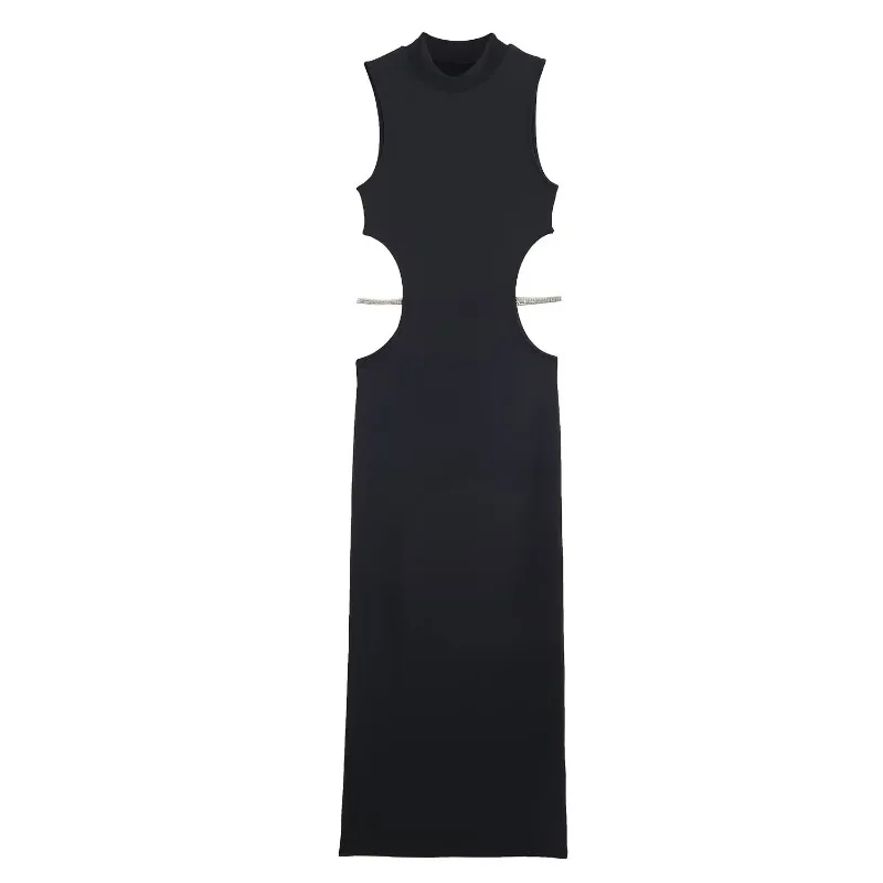 Sexy Long Black Dress Women's Fashion 2025 Winter New Style Spicy Girl Open Design Jewelry Decorated High Waist Bodycon Gown