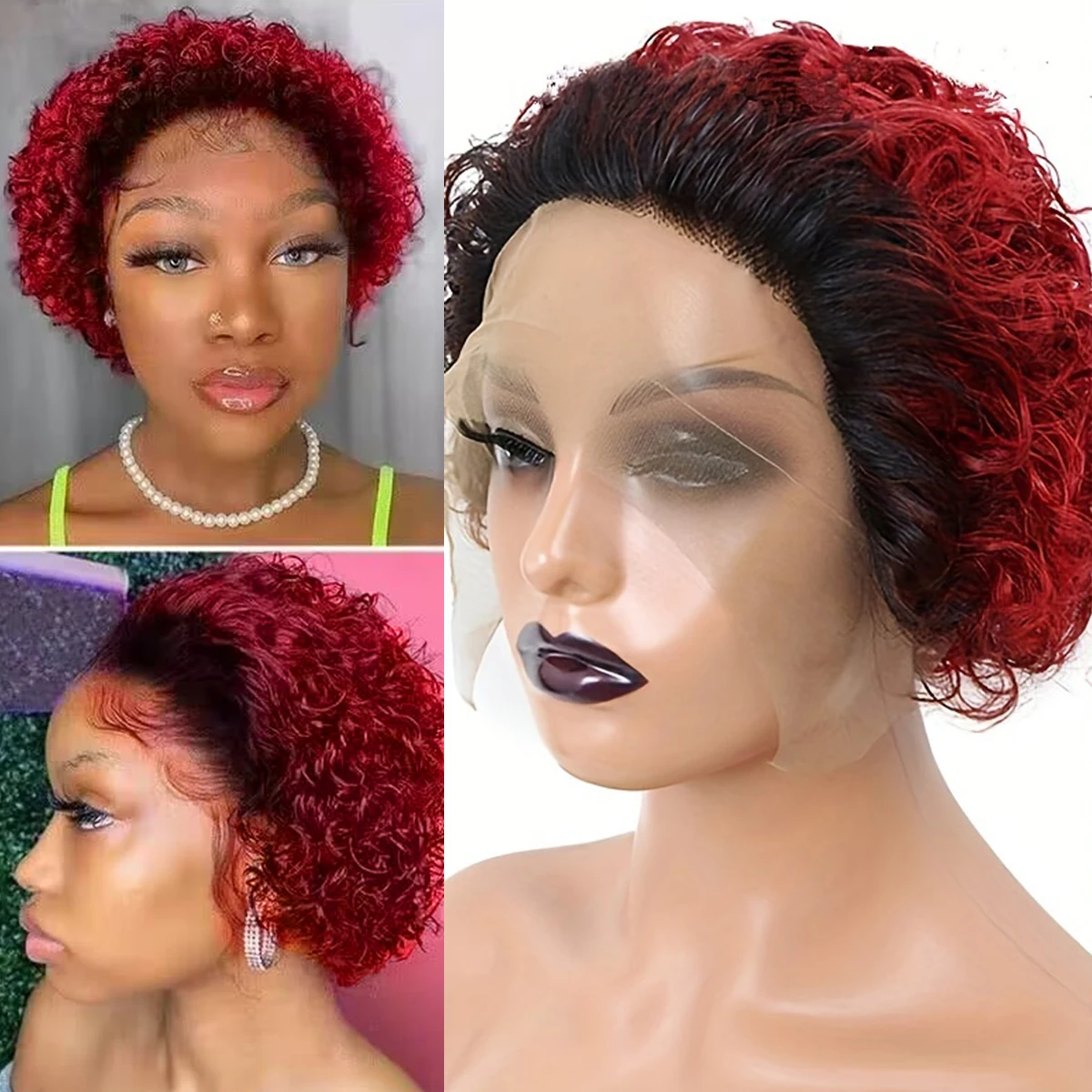 Short Curly Bob Wig Human Hair for Women T1B/99J Short Pixie cut Pre Plucked Natural Hairline Ombre Colored 13x1 Transparent Lac