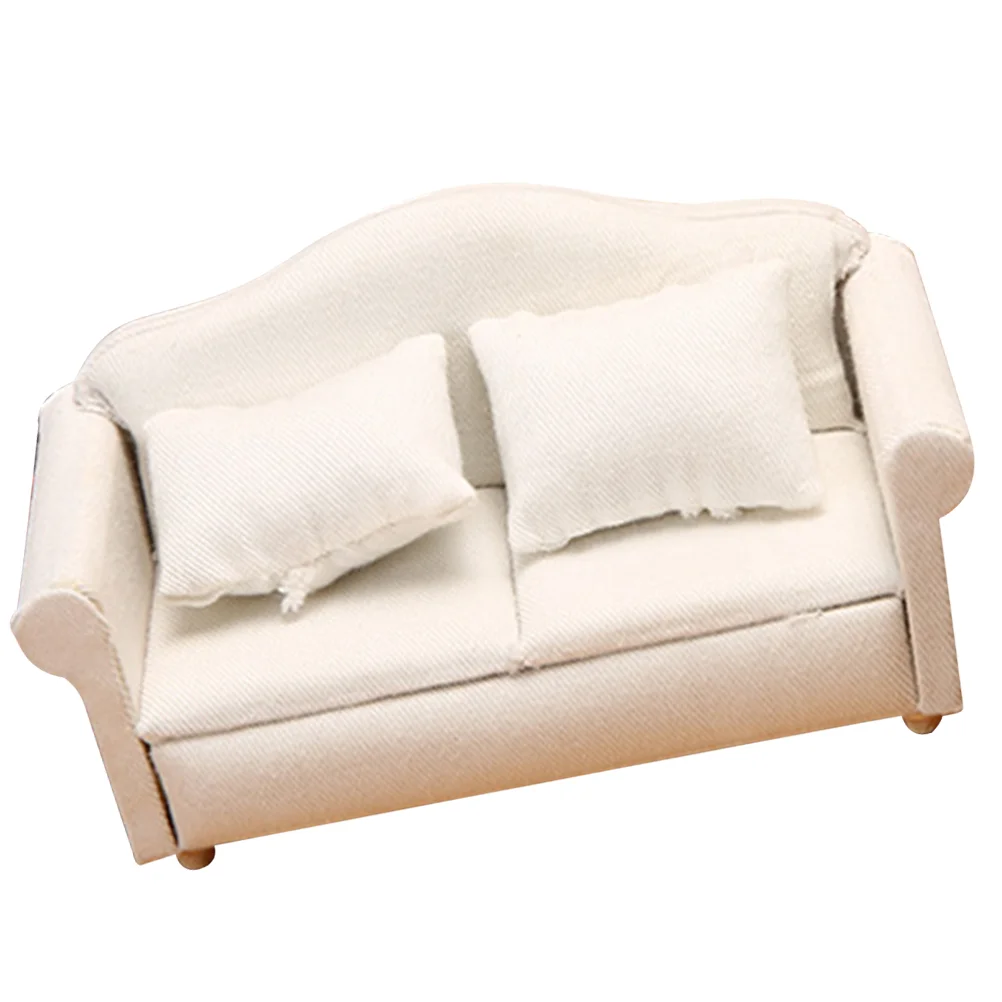 

Dollhouse Couch Miniature Sofa Pillows Dollhouse Living Room Funiture 1:12 Scale Model Simulation Wooden Fabric Armchair Mini