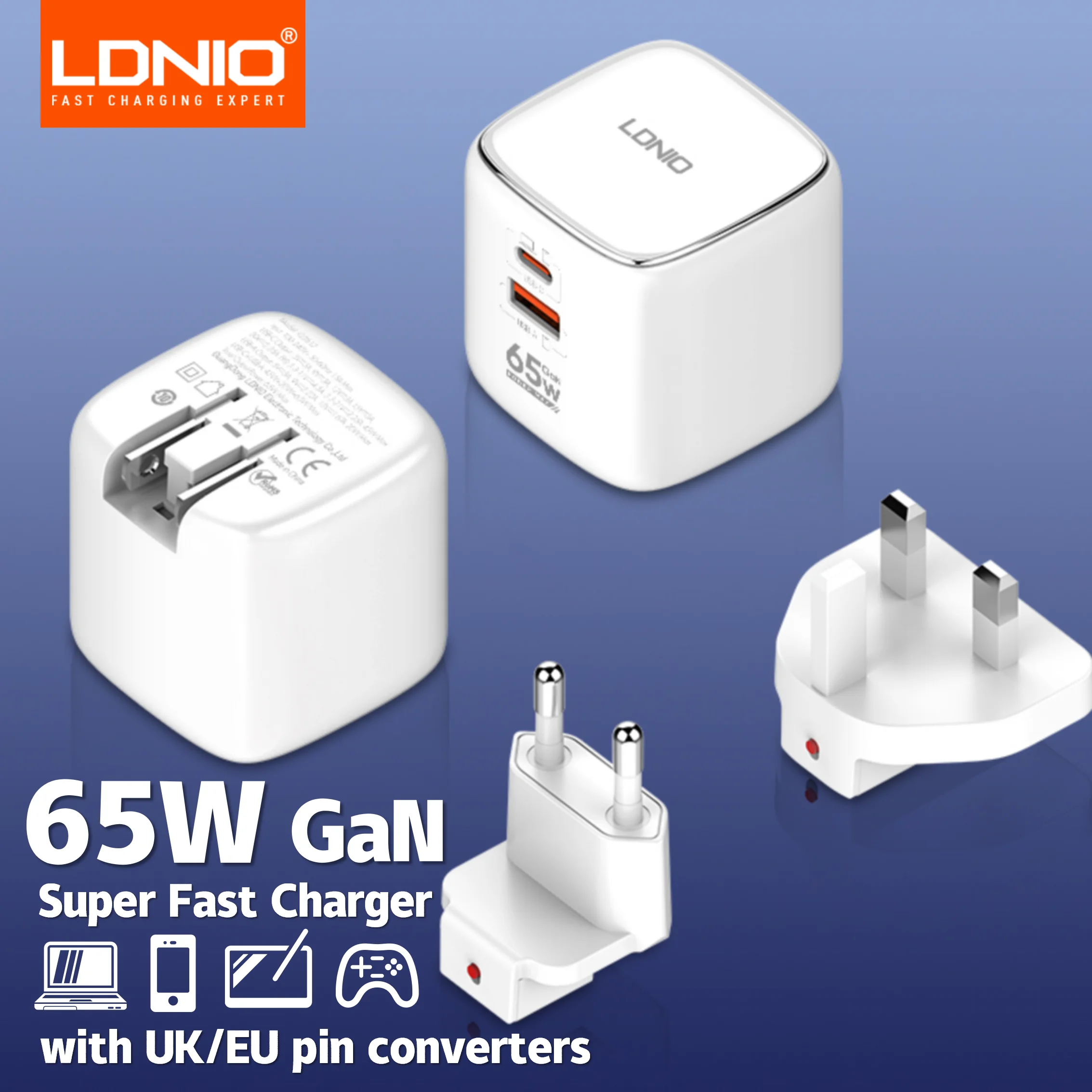 LDNIO 65 واط USB C شاحن GaN شاحن متعدد المنافذ نوع C محول السفر لماك بوك باد آيفون 15 14 برو ماكس Xiaomi غالاكسي S23