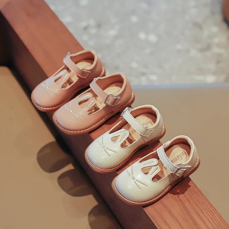 GirlsFlatsShoesChildrensLeatherShoeCartoonRabbitEarsMary