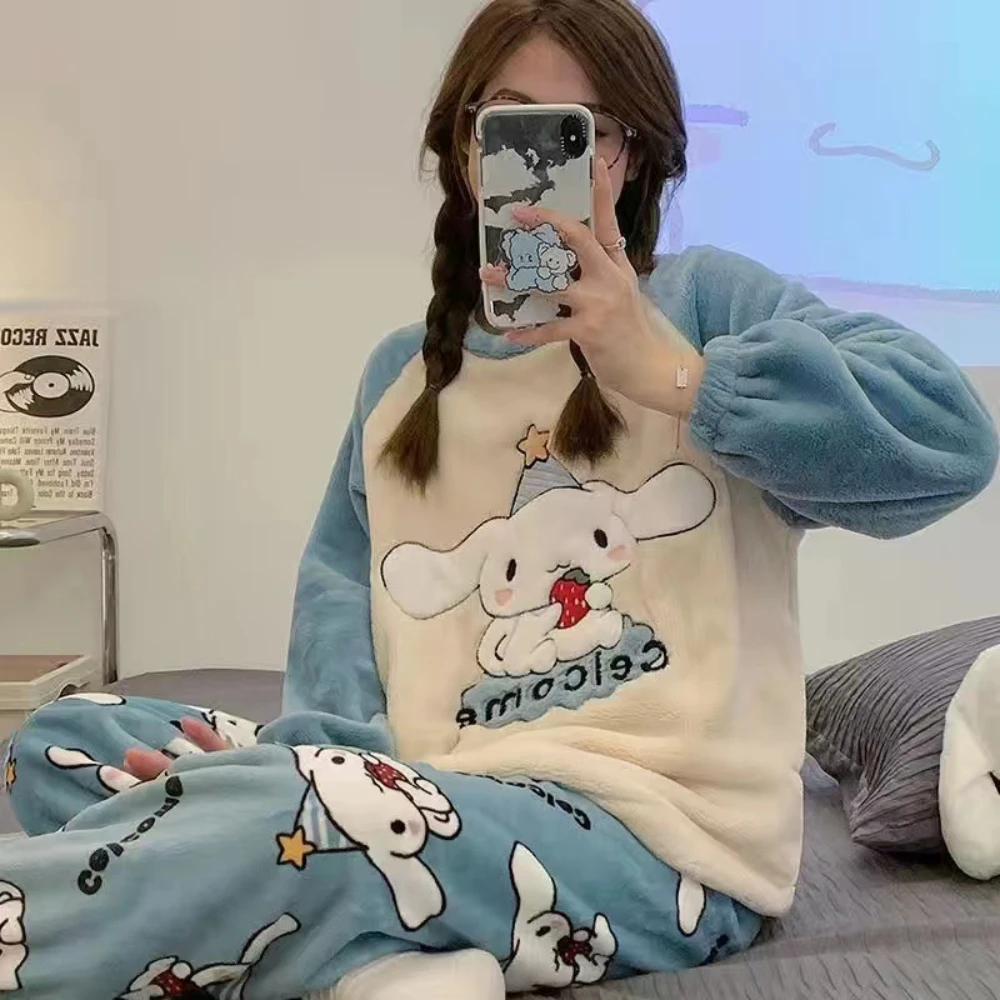 

Kawaii Sanrio Cinnamoroll Long Sleeve Thick Warm Plush Pajama Sets Cartoon Anime Plushie Autumn and Winter Girl Homewear Clothes