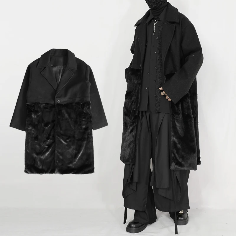 2024 new woolen coat autumn and winter patchwork long coat dark niche high-end loose fitting men's coat