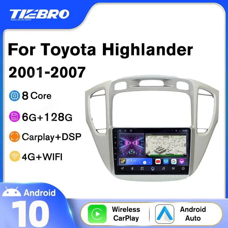 

Автомагнитола Tiebro, 2DIN, Android 10, для Toyota Highlander 2001-2007, GPS-навигация, автомобильный стерео Bluetooth плеер Carplay, без DVD