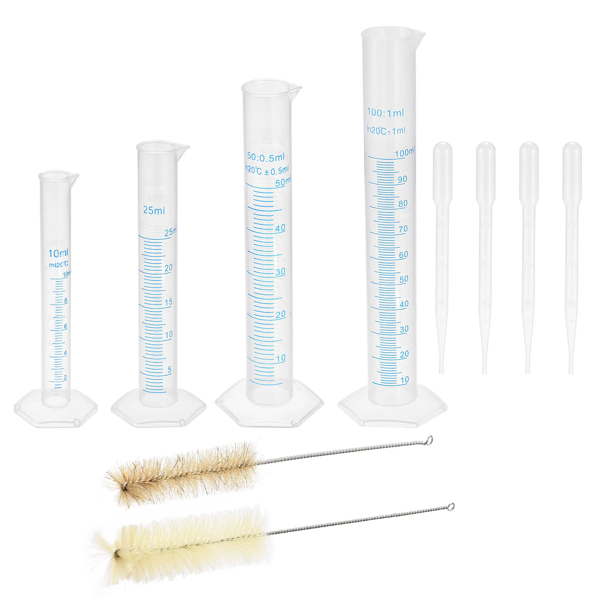 

Plastic Graduated Cylinder 10ml 25ml 50ml 100ml Measuring Cylinder with 4 Transfer Pipette and 2 Brush 10in1 Set for Science Lab