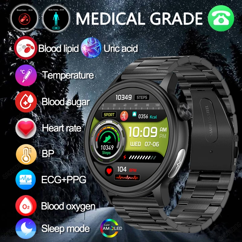 2024 Blood Sugar Smart Watch Blood Lipid Uric Acid Health Watch Smart Ecg + Ppg + Hrv Bluetooth Call Smartwatch Cardiofrequenzimetro