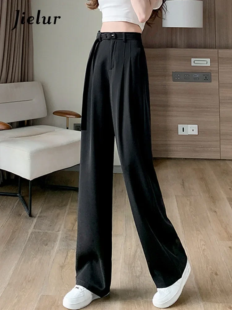 Jielur Full Length Straight Women's Suit Pants Solid Color Slim Belt Loose Casual Female Wide Leg Pants Simple Chic Office Lady