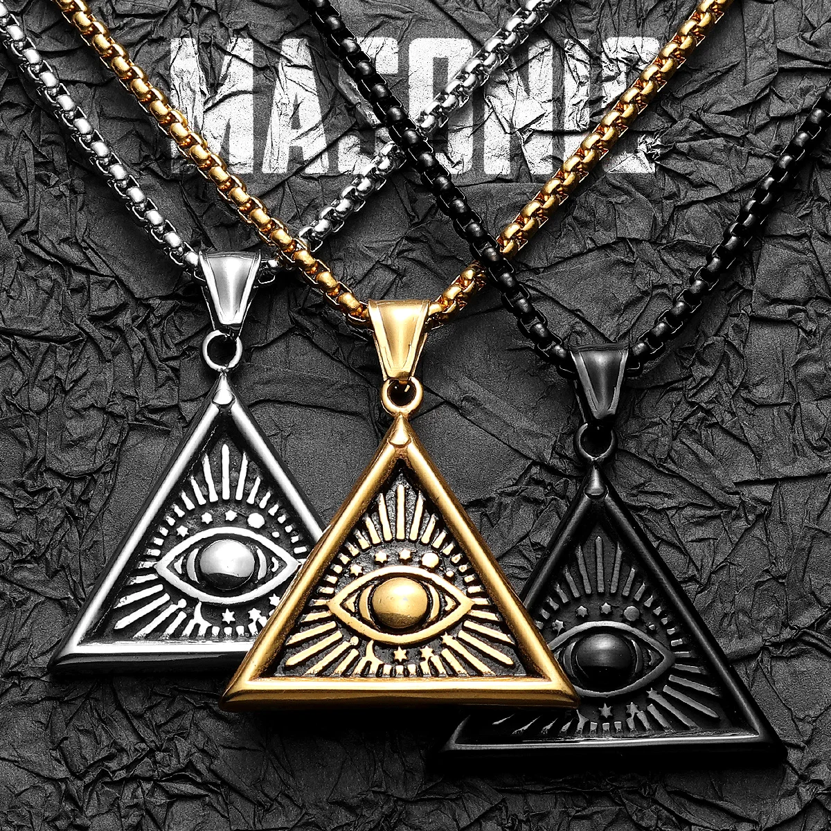 Colares de aço inoxidável maçônicos Illuminati Eye para homens e mulheres, corrente pendente, amuleto poderoso, joias vintage, atacado