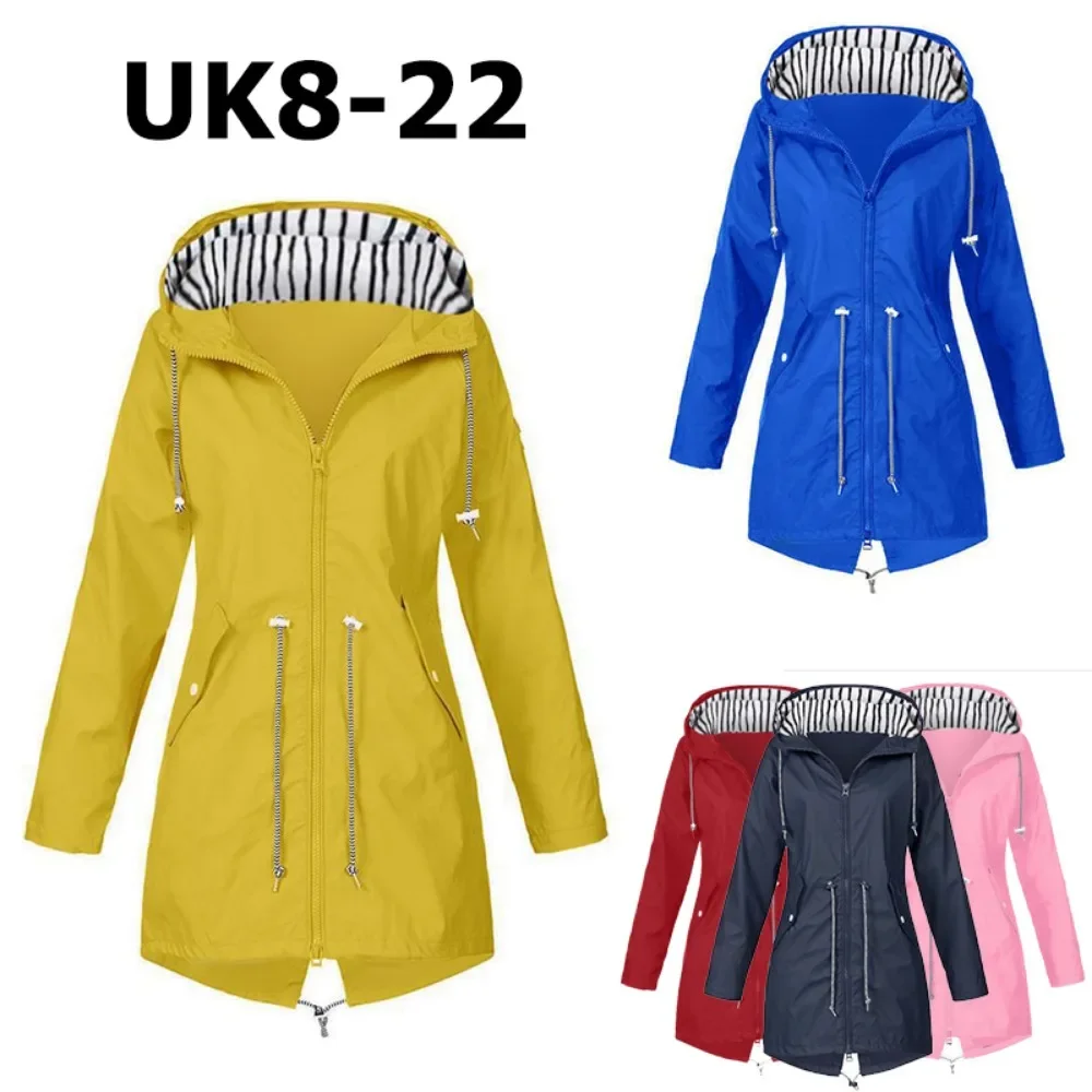 2024 New Women's Solid Rain Jacket Outdoor Hiking Hoodie Waterproof WindProof Long Coat Warm Outwear Clothing Windbreaker 5XL