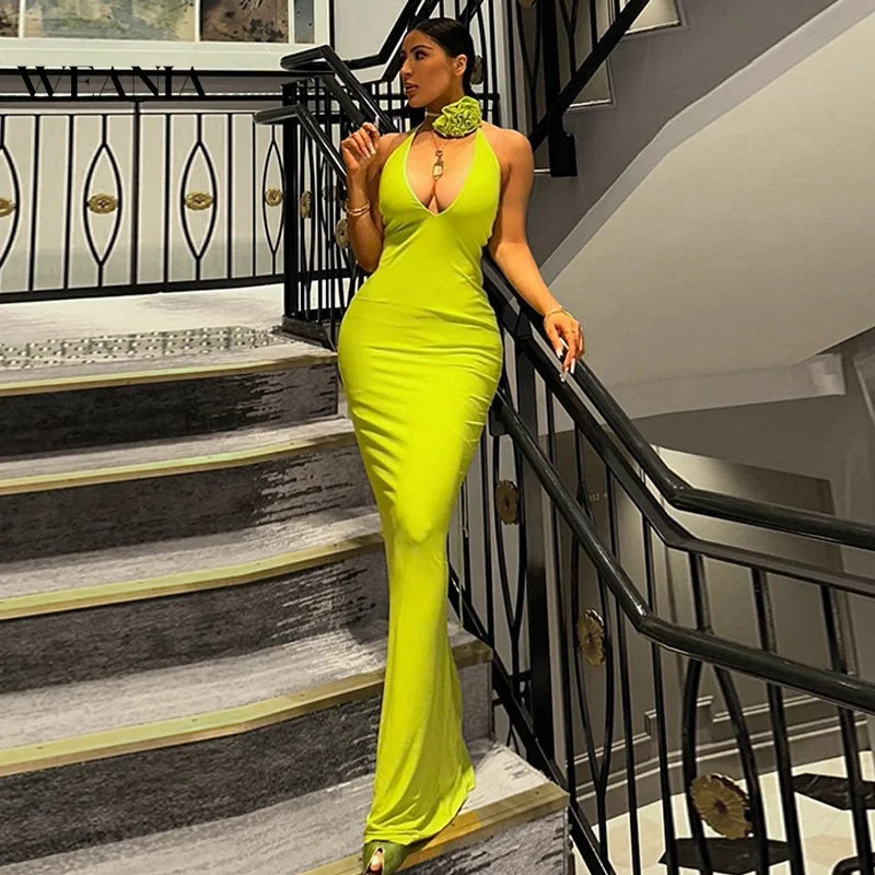 

Sexy Party V-neck Rose Choker Lace Up Backless Maxi Dress