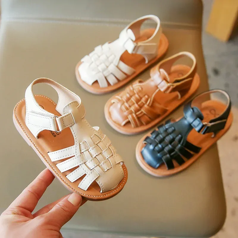 New Vintange Weave Solid Girl's Sandals Closed Toe Sandals for Girl Kids Baby Flat Girls Summer Kids Shoes