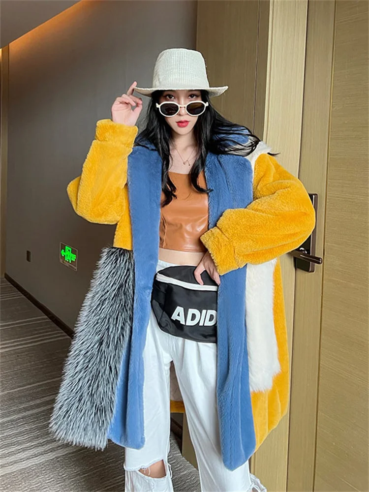 

Fur Coat Women Color Stitching Clothing Lapel Coat 2023 Winter New Fashion Thick Warmth Jacket