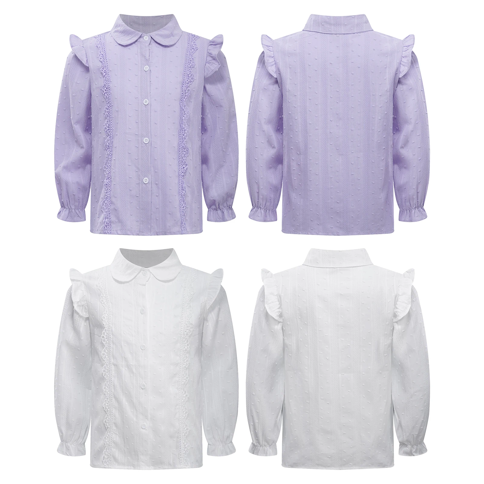 

ZDHoor Kids Girls 100% Pure Cotton Cute Lace Trim Ruffled Shirt Casual Solid Color Turn-Down Collar Long Sleeve Button Tops