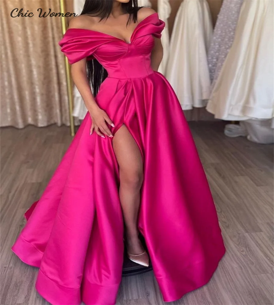 

Sexy High Slit Hot Pink Prom Dress Off Shoulders A Line Floor Length Evening Dress Satin Formal Dance Party Gowns 2024 Occasion