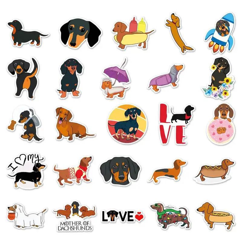 50Pcs Cute Waterproof Dachshund Stickers Funny DIY Animal Graffiti Decals for Waterbottles Laptop Luggage Phone Skateboard