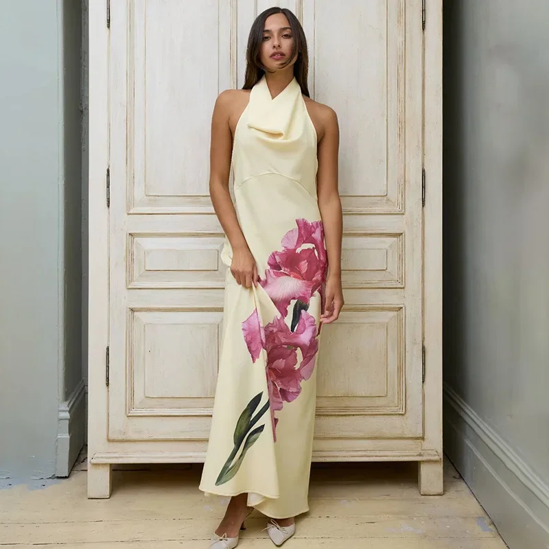 Fashionable Elegant Lady Beauty Back Dress with Chest Pad Ink Painting Printing Swing Maxi Dress main image 1