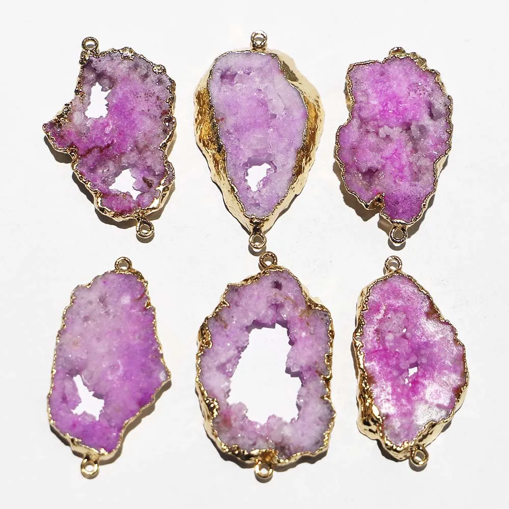 New Natural Stone Slice Pink Agate Irregular Double Hole Connector Pendant Jewelry Making DIY Necklace Bracelet Accessories 6Pcs