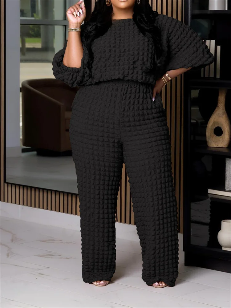 Wmstar Plus Size Two Piece Sets Women Fall Clothing Solid Long Sleeve Tops and Solid Pants Wide Leg New Wholesale Dropshopping