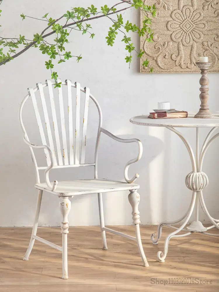 French Style Wrought Iron Vintage White Dining Chair Balcony Coffee Shop Homestay Decoration Old Outdoor Garden Chair Armchair