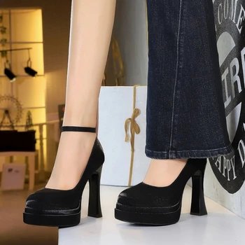Round Head Silk Satin Strip High Heels Shallow Mouth Waterproof Platform Thick Heels Women's Shoes Super High Heels Single Shoes