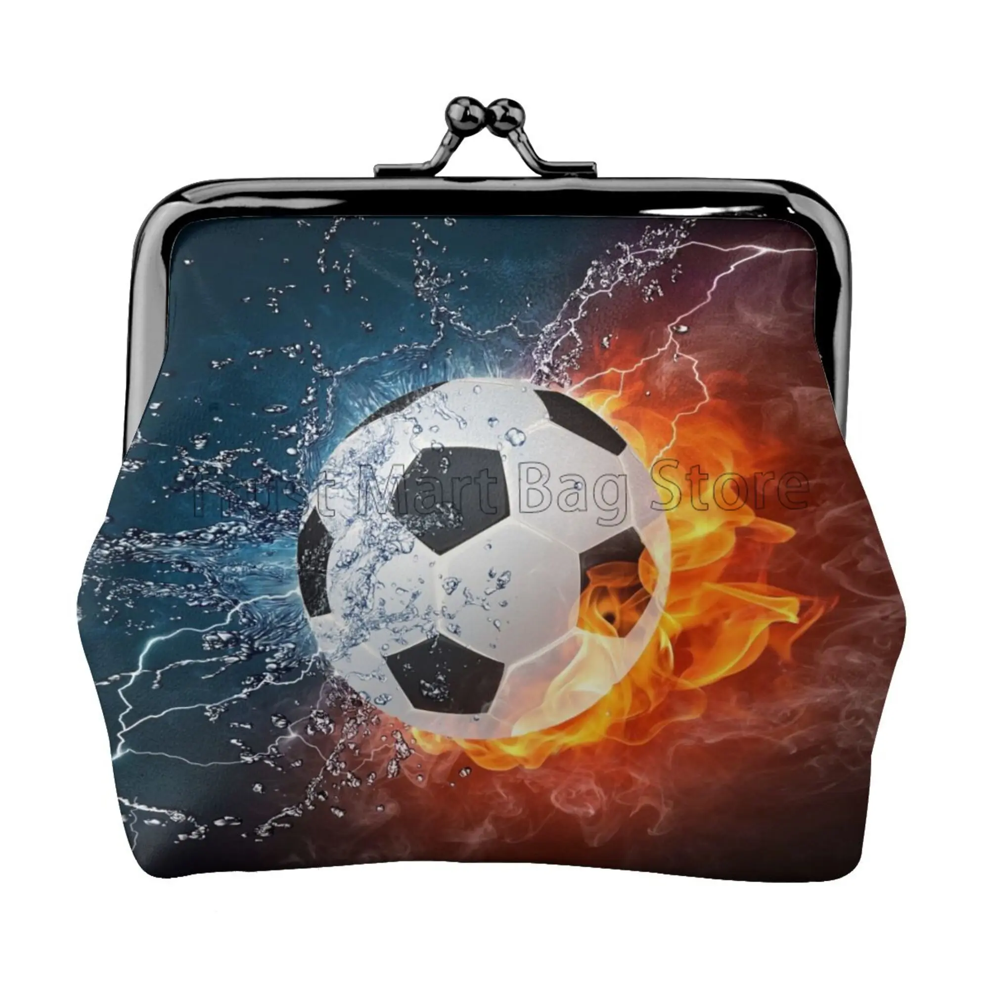 Soccer Ball Leather Coin Purse Cool Football Print Small Kiss Lock Change Pouch Clasp Closure Buckle