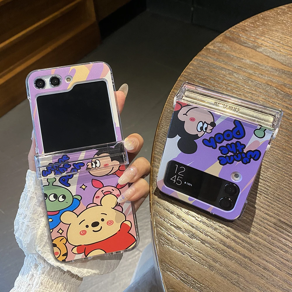 

Disney Mickey Winnie The Pooh with Lanyard Phone Case for Samsung Galaxy Z Flip 3 4 5 Z Fold 4 5 5G Hard PC Back Cover Funda