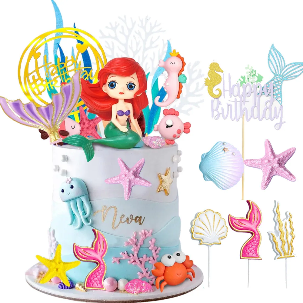 Mermaid Cake Toppers Big Mermaid Shape Tails Shells Cake Toppers Happy Birthday Cake Set for Mermaid Under the Sea Cake Decors