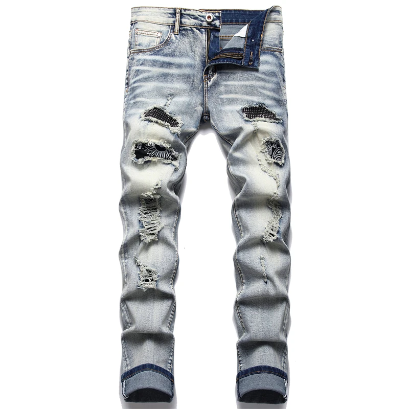 Men's Retro Blue Jeans Ripped Trendy Stretch Slim Pants High Quality Versatile Male Trousers Fashion Printed Cat Beard